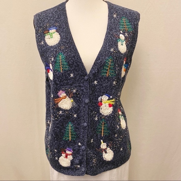 Christmas Sweater Vest, Womens XL, Blue, Holiday, Snowman, Embellished, Buttoned - Picture 2 of 7